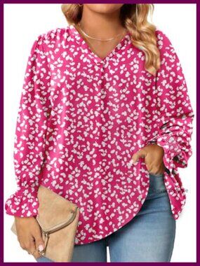Plus Size Chiffon Blouse Long Puff Sleeve V Neck Tunic Top